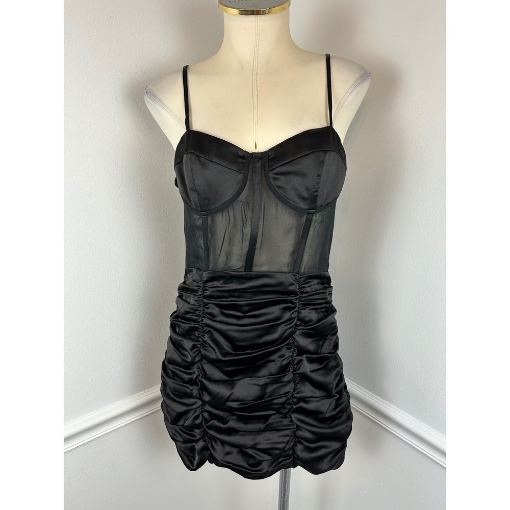 ZARA Black Contrast Semi-Sheer Ruched Mini Corset Dress NWT Satin Party Medium - Picture 3 of 11